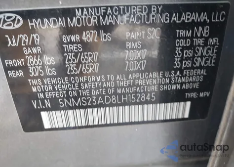 2020 Hyundai Santa Fe Se from USA, damaged, VIN 5NMS23AD8LH152845